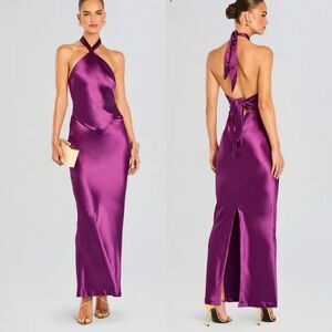 Retrofete ester Satin gown dress purple eggplant Backless Revolve $495 New M